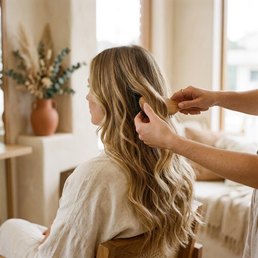 AI illustration: honey-blonde balayage hair being styled