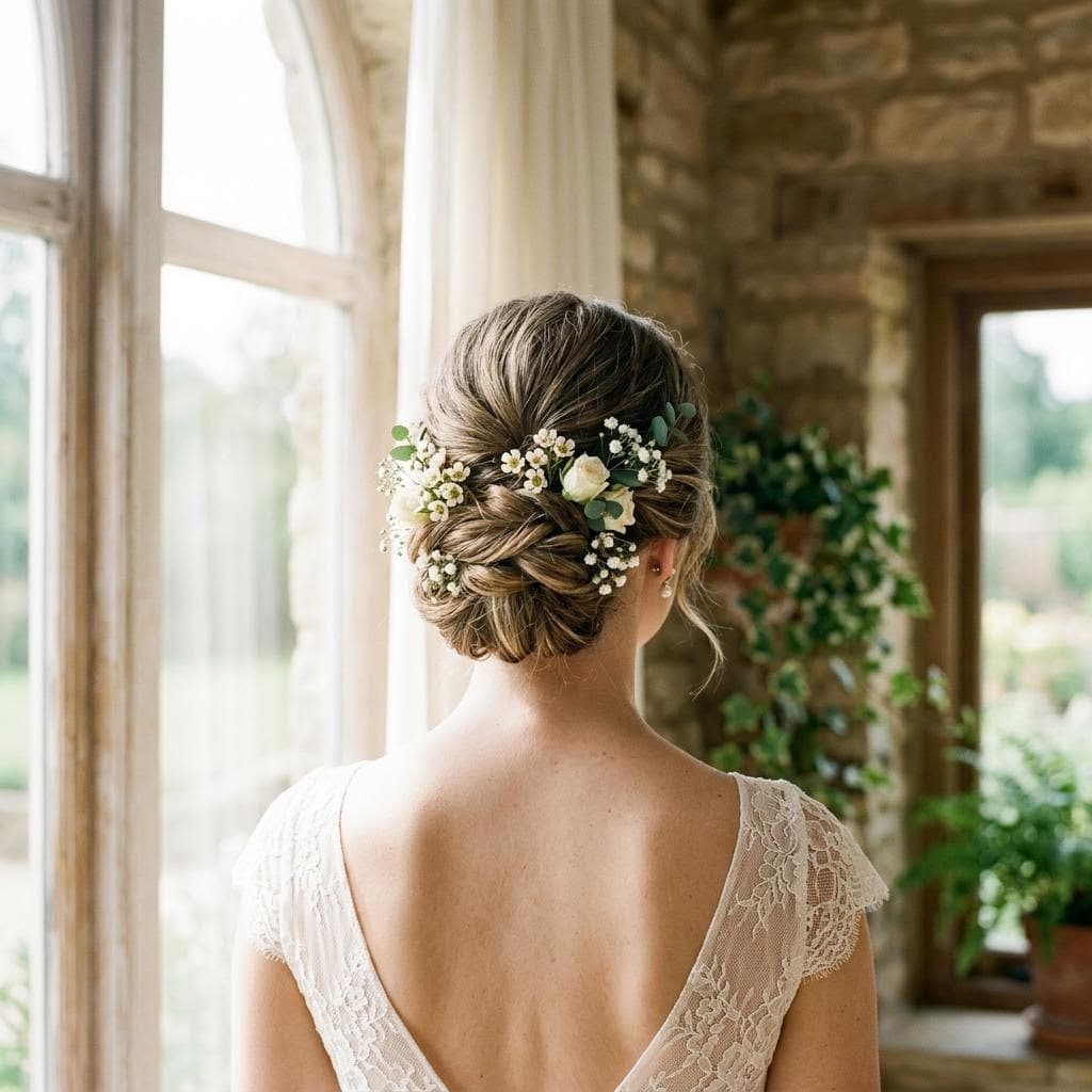 AI illustration: bridal chignon with small flowers