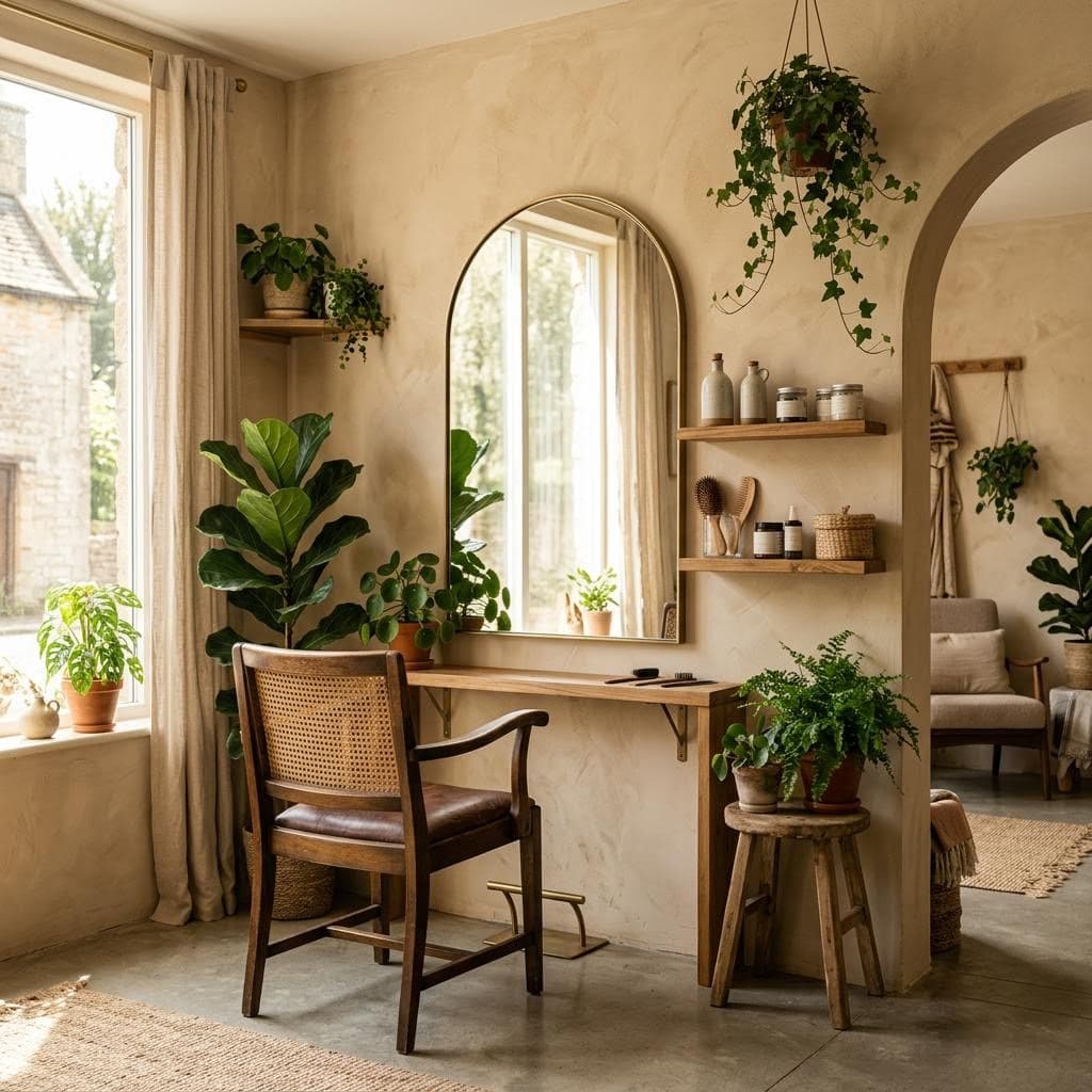 AI illustration: sunlit salon interior with arched mirror